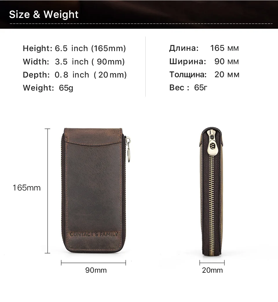 CONTACT'S FAMILY Vintage-Uhrentasche aus echtem Leder, handgefertigt, tragbarer Reise-Organizer aus Leder mit Kartensteckplatz und Reißverschluss – Detail 3