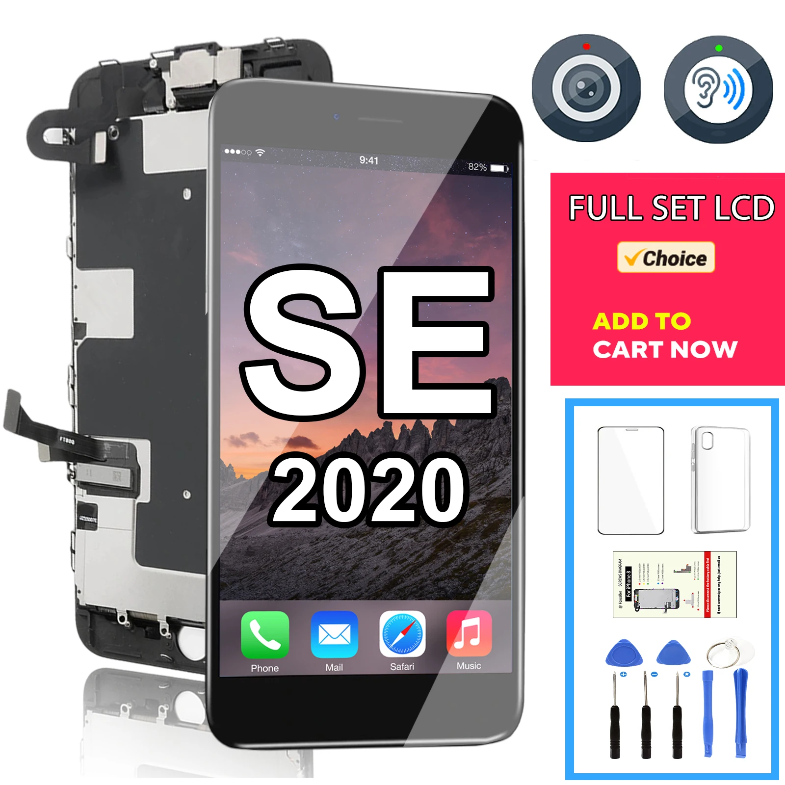 Dla iPhone SE 2 2020 ekran LCD komplet wyświetlacza kompletny montaż wymiana Digitizer dotykowy + kamera + słuchawka A2275 A2298 A2296