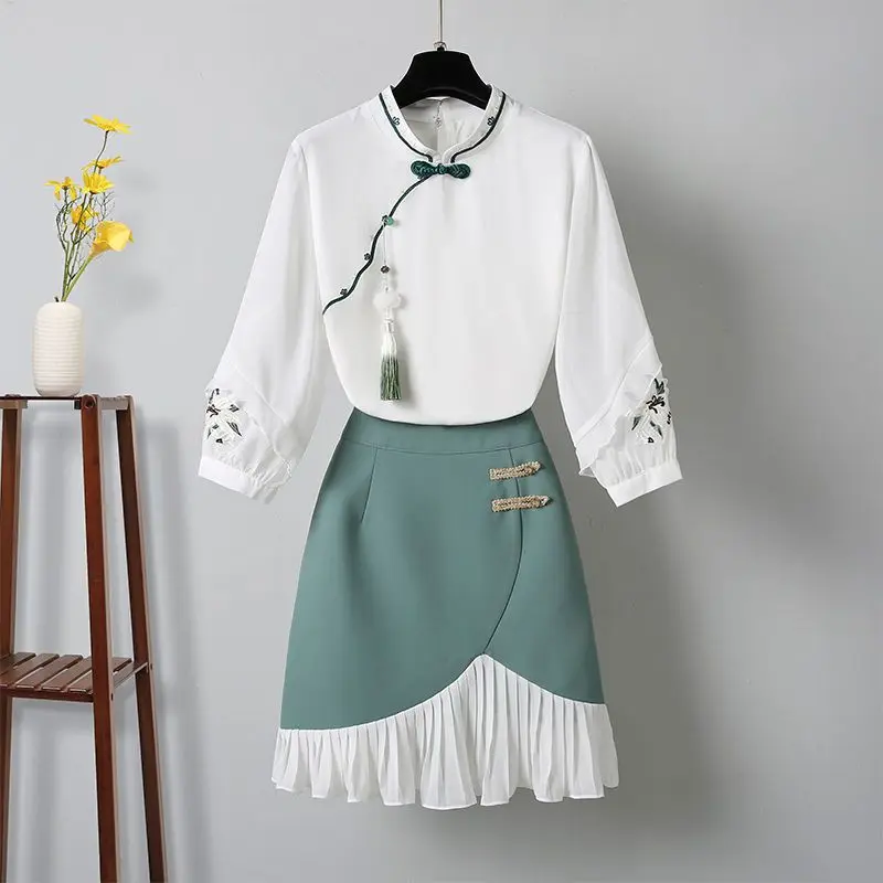 

Large Size Women's Clothing Chinese Style Improved Version of Hanfu Women's Summer New Western-style Slim Skirt Two-piece Set