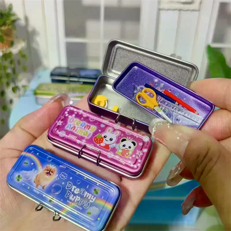 دمية مصغرة طبقة مزدوجة الحديد صندوق رصاص القلم حاكم أشرطة القياس مقص نموذج المشهد الصغير ديكور التظاهر اللعب لعبة #3