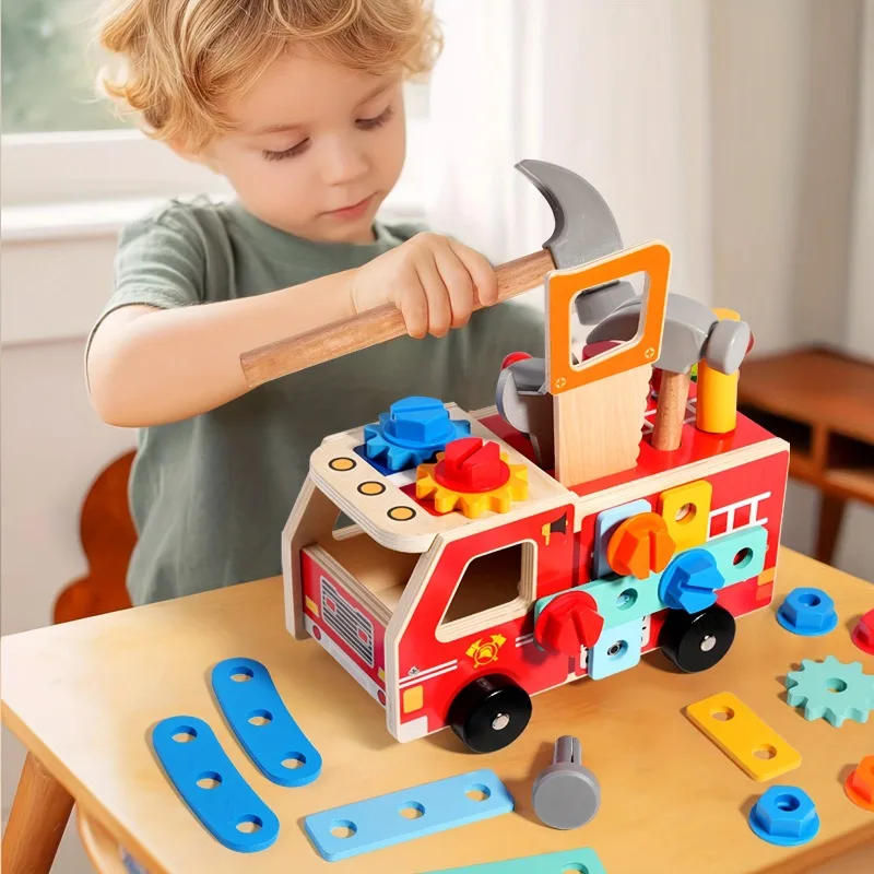 Set Holz Feuerwehrauto Mutter Auto Kombination Schraube Demontage Montage Rollenspielzeug Spielzeug Junge Lerngeschenk für Kinder ab 3 Jahren