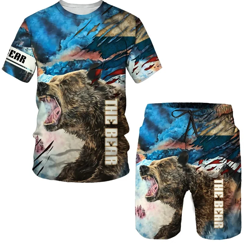 Camisetas e shorts masculinos estampados em 3D, fatos de treino urso russo, camiseta e calça de manga curta extragrande, roupas masculinas, roupas de verão