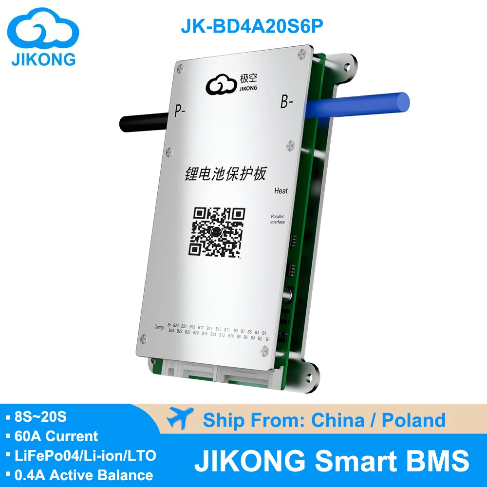 JIKOGN BMS BD4A20S6P 8S-20S 12V 24V 60A Carga 0,4A Equilíbrio ativo com BT APP RS485 para LiFePo4 Li-ion LTO Bateria Smart JK BMS