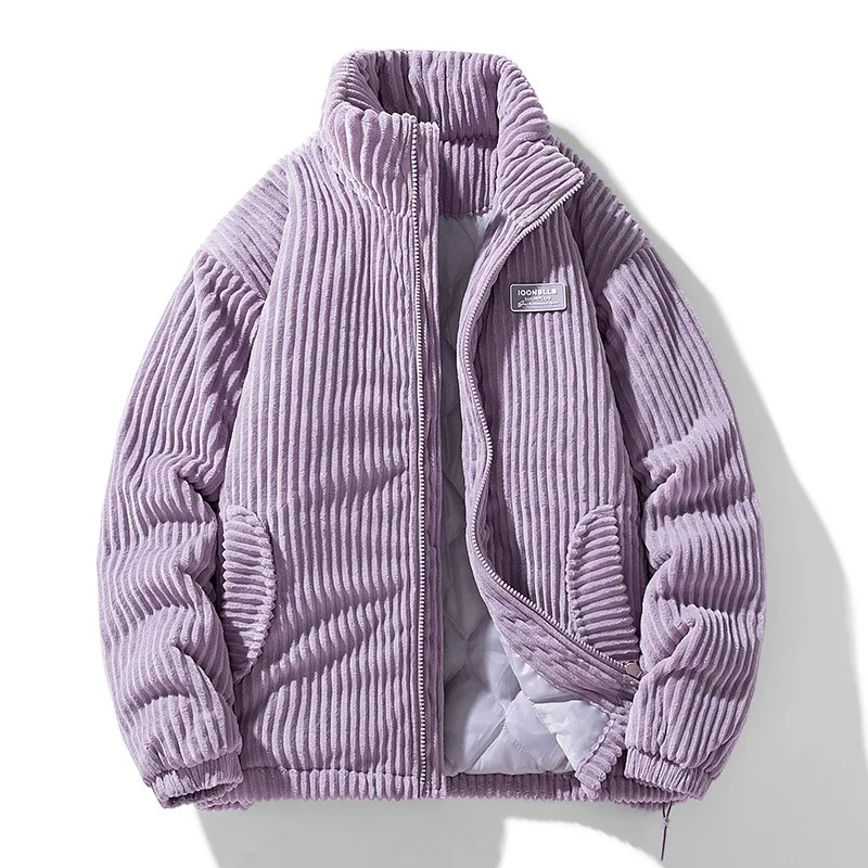 Winter Men Corduroy Thicken Cotton Padded Parka Stand Collar Solid Color Casual Outerwear Warm Jacket for Daily Street Commuting