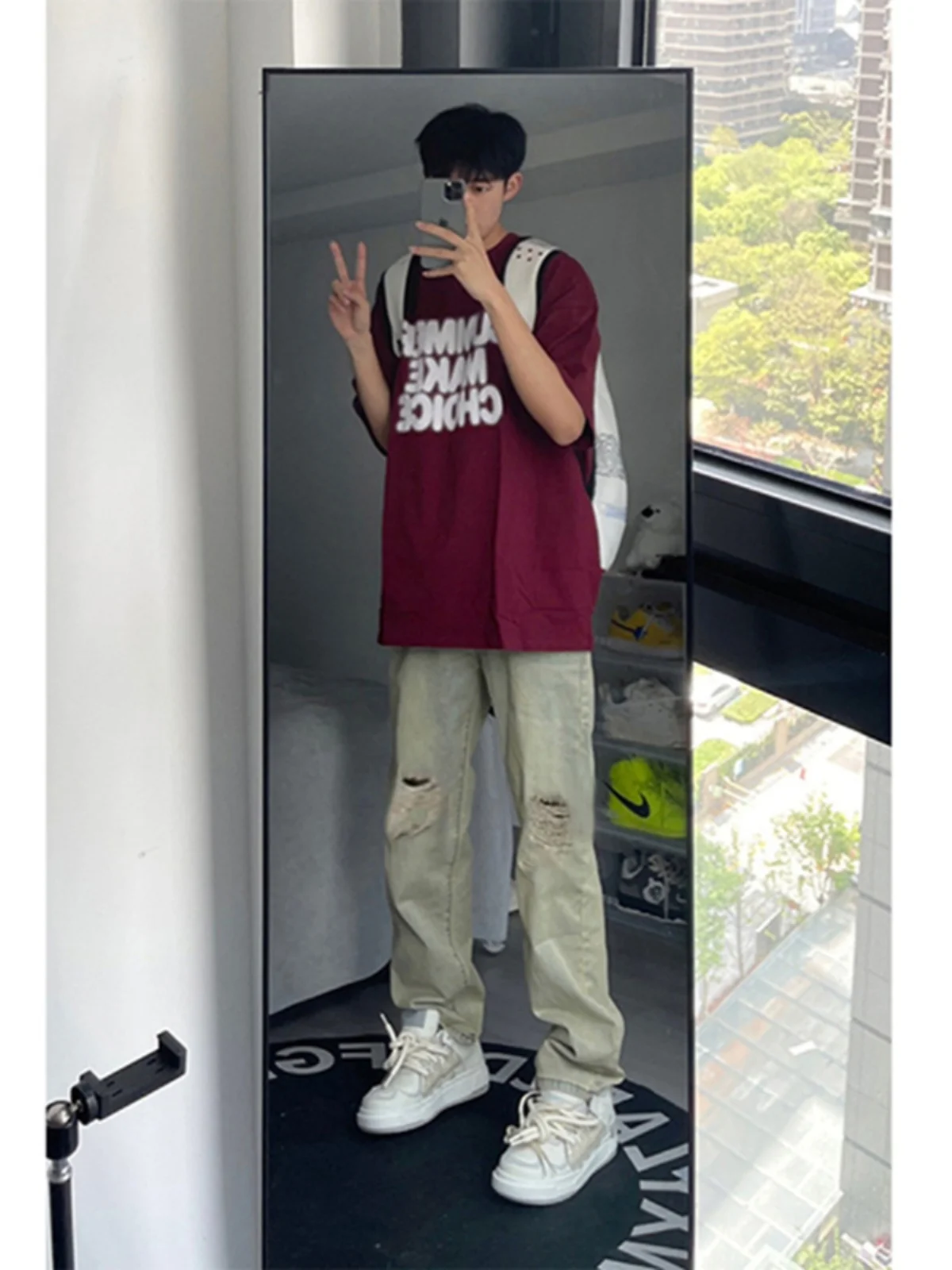 

American Sle High Street Straight Leg Jeans Summer Wear Slim Fit Narrow Version Hole Punching Denim Pants for Men