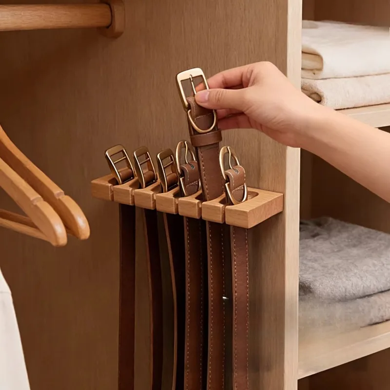 Soporte de pared de madera maciza sin taladro para cinturones, gancho para cinturones, soporte para pañuelos y corbatas, organizador de entrada, accesorios para el hogar