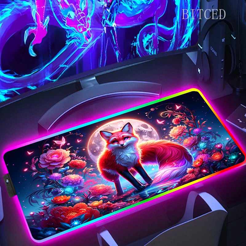 Fox RGB Pc Gamer Keyboard Mouse Pad Backlight Mousepad With lock edge LED Glowing Big Mouse Mats Rubber Gaming Computer Mausepad