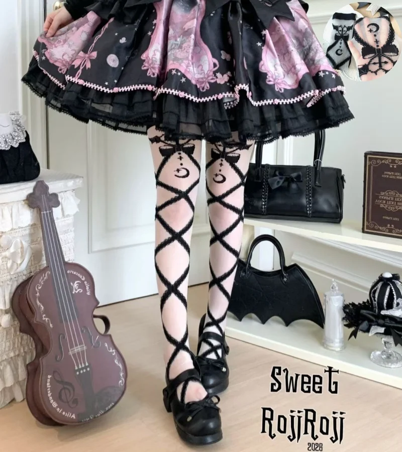 Original Angel Devil Heart Lolita Socken für Damen, Sommer-Kniestrümpfe aus Glasseide, japanische dicke Socken mit Kreuzlinien