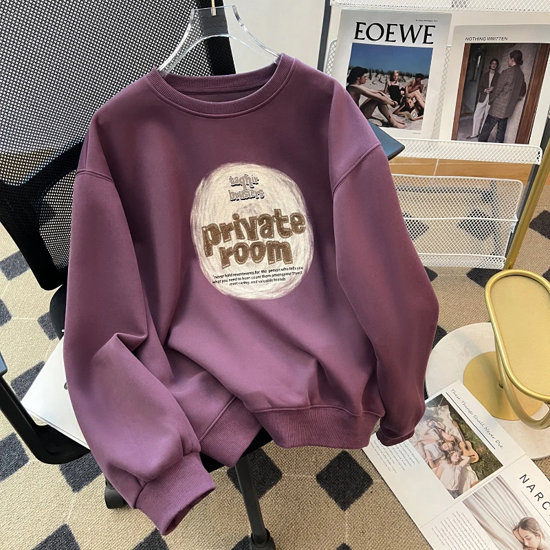 

Korean Style O-Neck Pullovers Casual All-Matched Loose Fleece Thick Warm Letter Printing Sweatshirts for 18-24 Years Old