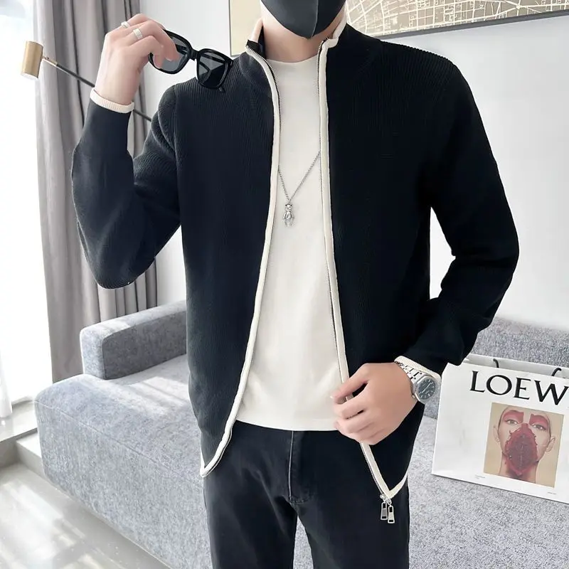 2023 Spring and Autumn Men\'s New Fashion Business Solid Color Zipper Knitted Cardigan Versatile Korean Style Casual Comfort Top