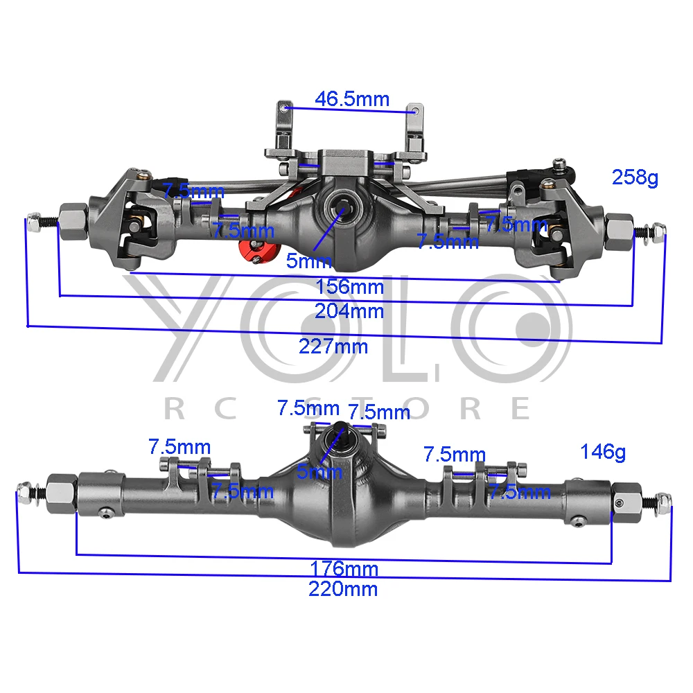 Alberi dell\'asse anteriore e posteriore asse in alluminio integrato cingolato da roccia con asta di sterzo Servo per 1/10 RC Axial SCX10 II