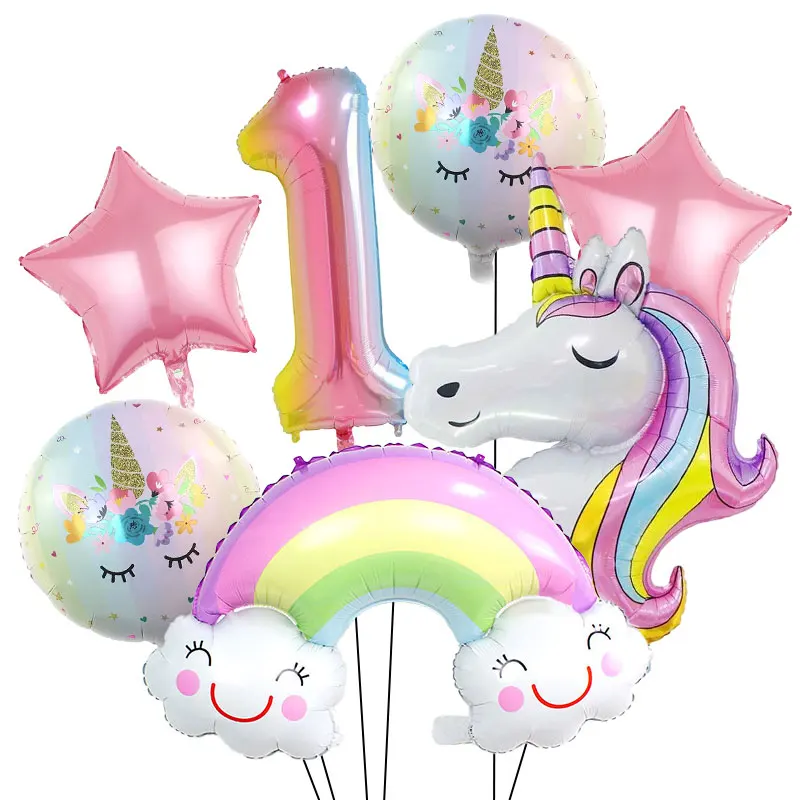 Regenbogen-Einhorn Geburtstagsparty Dekorations-Set Tischgeschirr Becher Teller Servietten Ballons Hintergrund-Banner Geschenktüten Mädchen-Partyzubehör – Detail 28