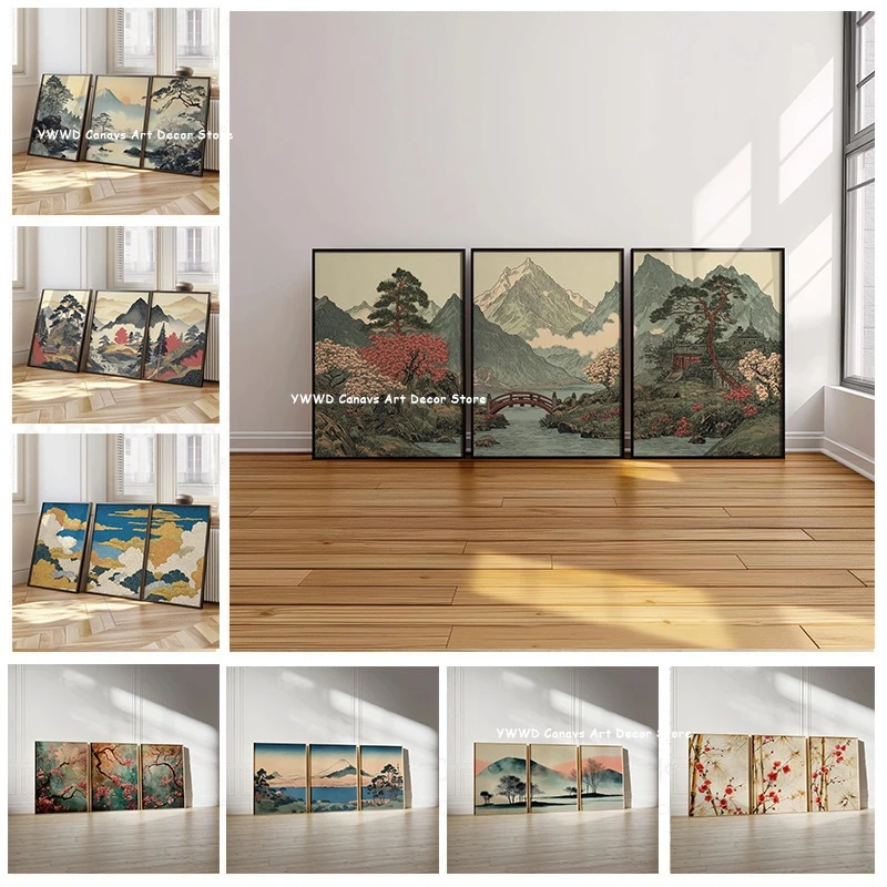 Juego de 3 Láminas Decorativas de Arte Zen con Paisaje Montañoso Japonés, Impresiones en Lienzo de Bosques, Pósters Decorativos para Pared, Ideales para Decoración Moderna del Hogar, Regalo