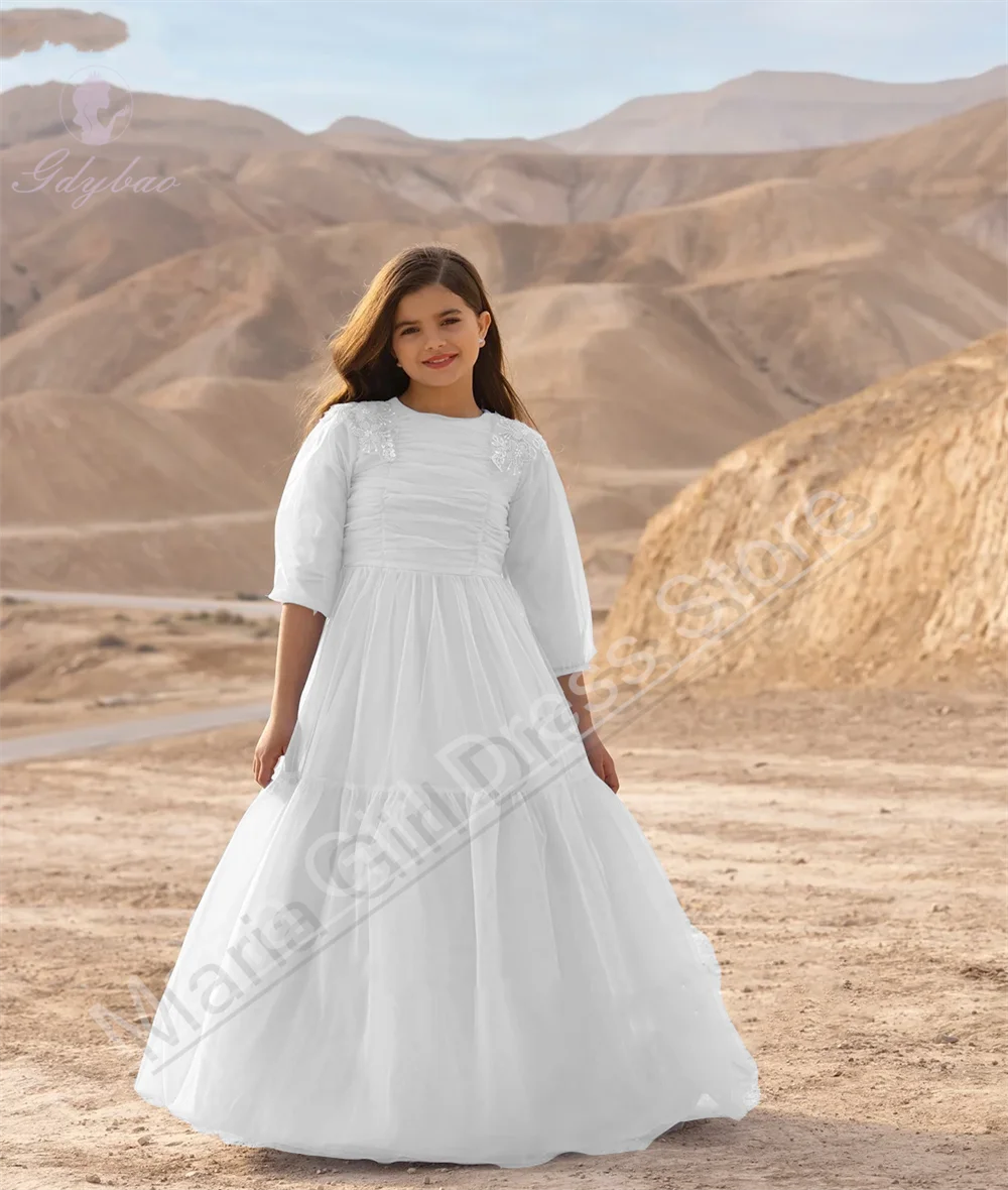 أناقة الزفاف الضوء الأزرق زهرة فتاة اللباس س الرقبة تول يزين مناسبة رسمية كامل الأكمام فساتين حفلة الأميرة