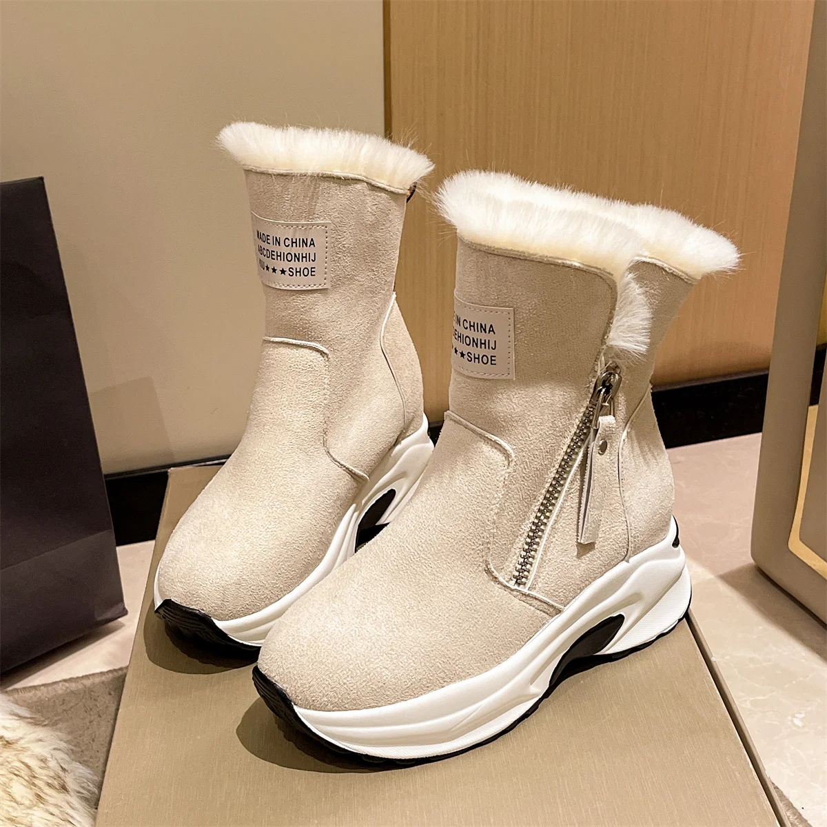 Women Ankle Boots Warm Plus Fleece Thick Sole Winter Women Snow Boots Fashion Side Zipper Wedge Outdoor Sneakers Botas Mujer