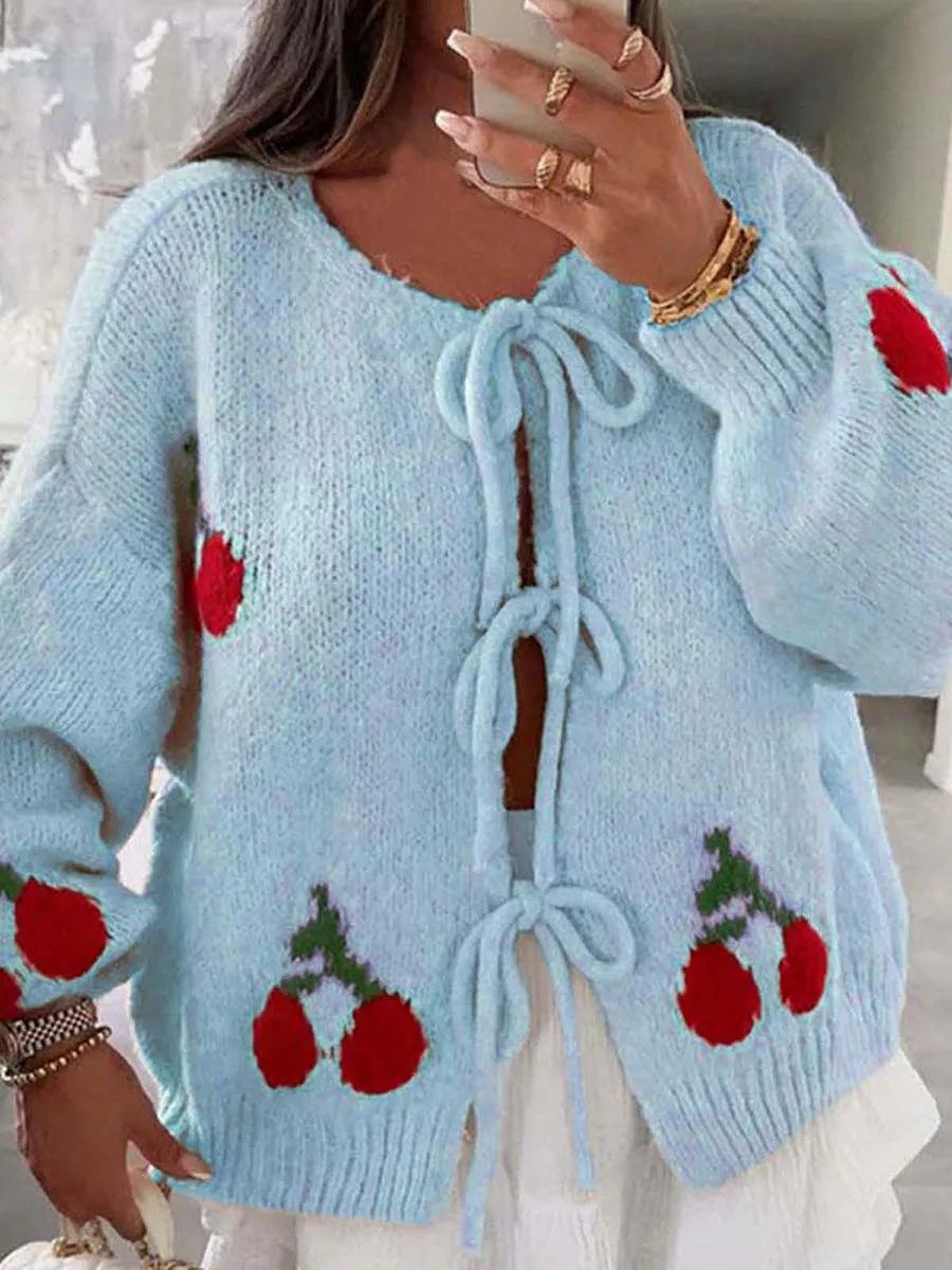 Women's Tie Front Knit Cardigan Cherry Pattern Long Sleeve Crew Neck Loose Sweater for Fall Winter