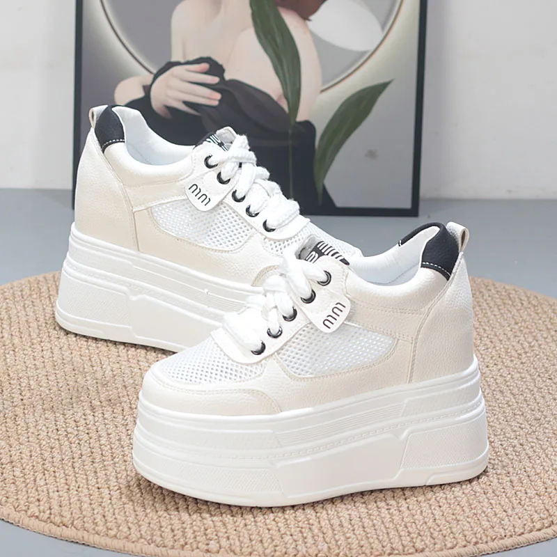 Women's Ultra High 10cm Hidden Insole Sole Platform Mesh Breathable Summer Sneakers Lightweight Wedge Heel White Casual Shoes