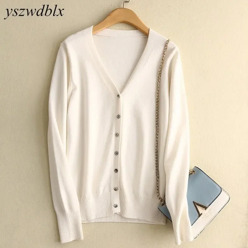 YSZWDBLX Spring Autumn Women Cardigans Single Breasted V-neck Solid Knitted Sweater Slim Female White Cardigans Casual Outerwear