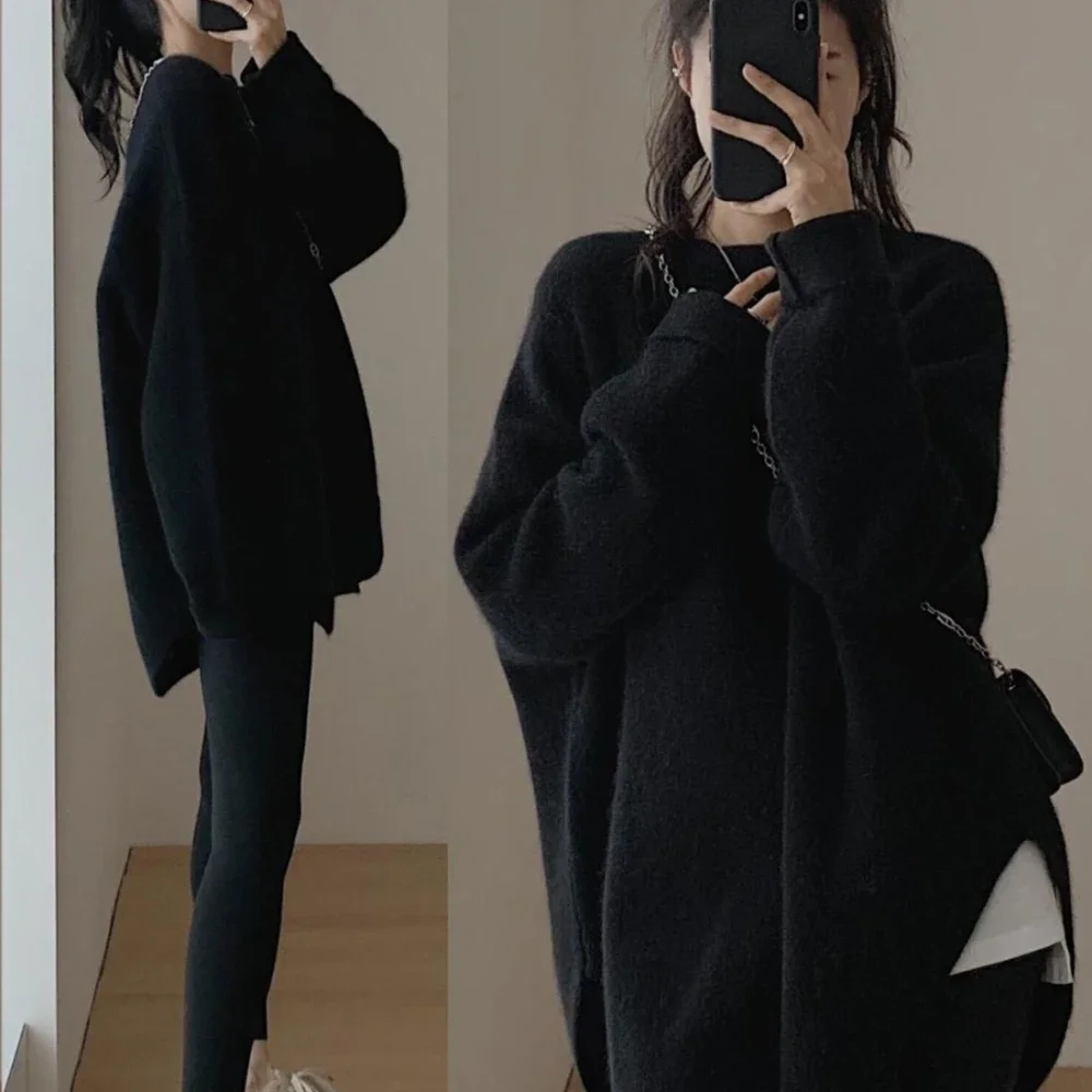 White Round O Neck Knitted Top for Women Pullover Black Ladies Sweaters Long Y2k Fashion Korea Vintage Trend 2023 Sleeve New In