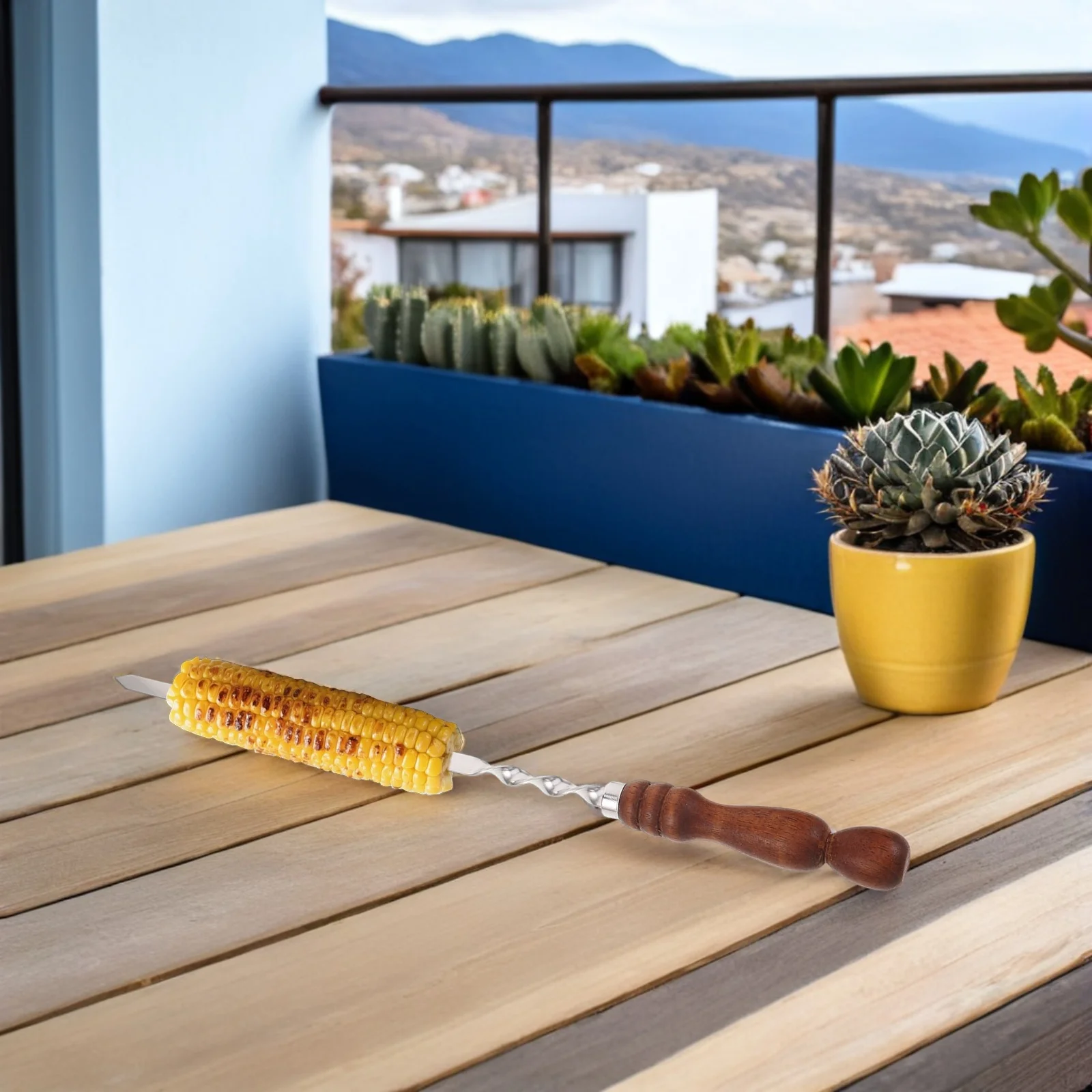 2 قطعة أسياخ شواء من الفولاذ المقاوم للصدأ 21 بوصة مقبض خشبي مسطح واسع قابل لإعادة الاستخدام للحوم والدجاج والخضروات والمأكولات البحرية شيش كباب في الهواء الطلق #2