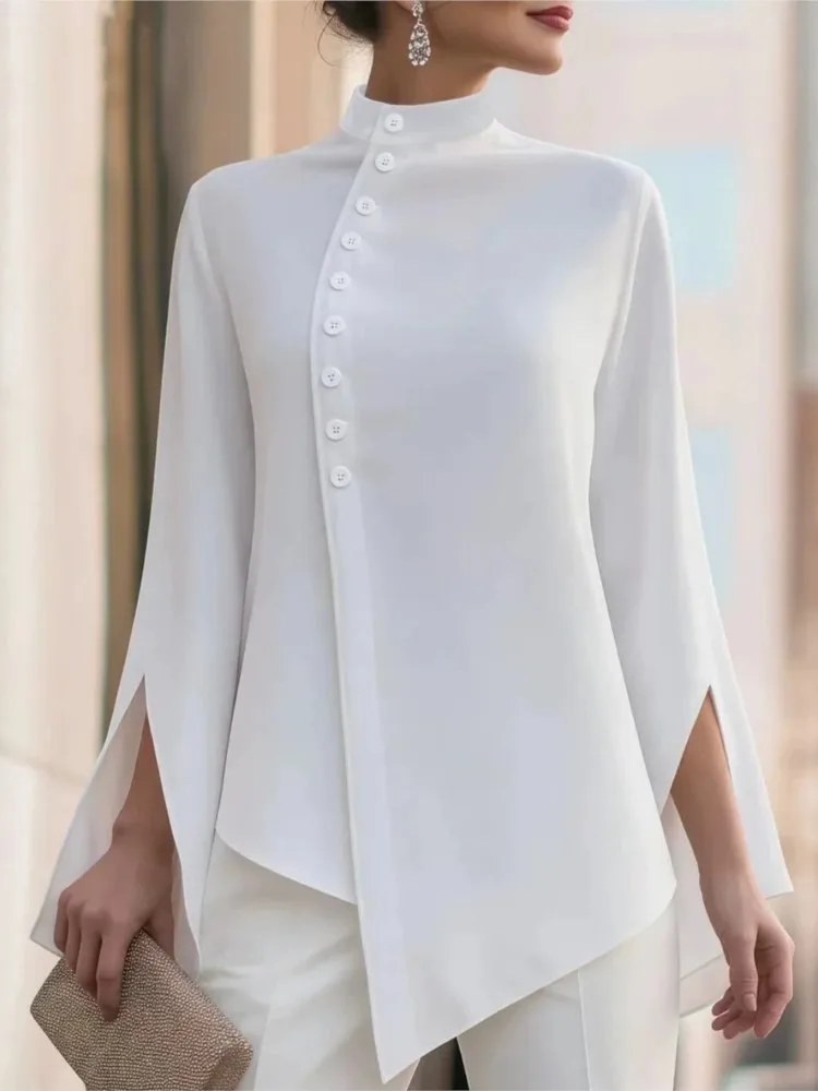 Women Stand Collar Diagonal Button Blouse Elegant Split Flare Long Sleeve Asymmetrical Hem Shirt White Formal Office Ladies Top