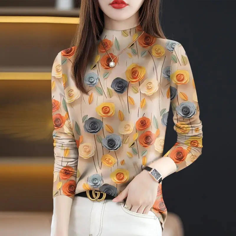 2024 Women\'s Spring and Autumn New Splicing Pullovers Half High Collar Printed Fashion Slim Minimalist Casual Long Sleeve Top