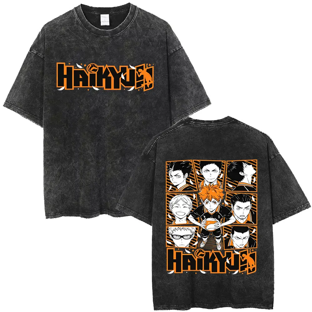 Washed Vintage Anime Haikyuu Hinata Shoyo Fly High T-shirt Men Women Cartoon Manga Merch T Shirt Men's Retro Oversized T-shirts