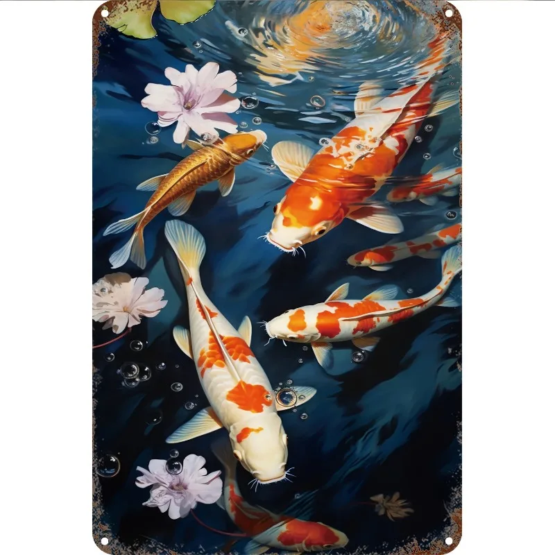 

Koi Fish Pond Metal Tin Sign, Vintage Style Aluminum Wall Hanging Decor, 8 X 12 Inches, Waterproof, Pre-Drilled, Easy Mount