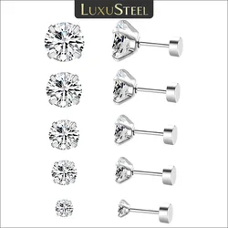 LUXUSTEEL 5Pairs Medical Stainless Steel White Crystal Stud Earrings Women Men Round Zirconia Ear Piercing Wholesale 3/4/5/6/8MM