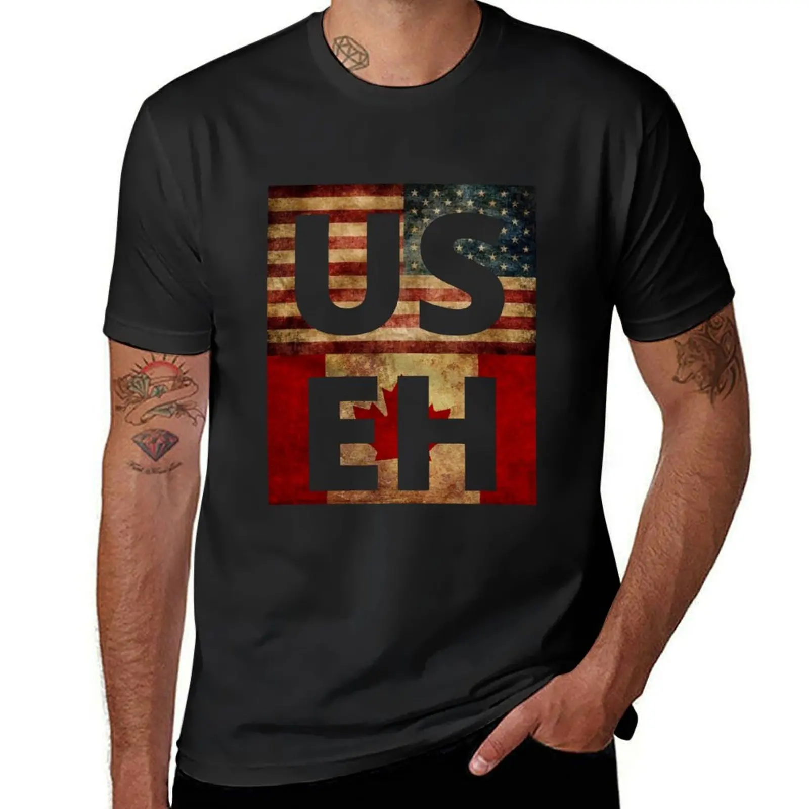 

USEH America Canada Flag , American Canadian Funny Meme Quote US EH T-Shirt essential t shirt blue archive Men's t shirts