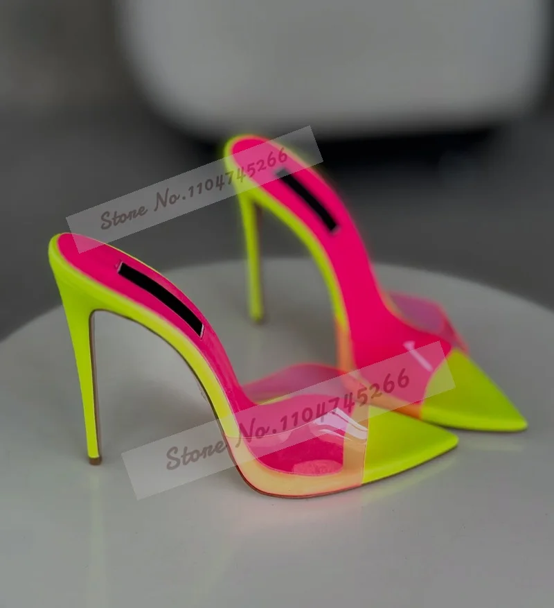 الهولوغرام قزحي الألوان واضح بولي كلوريد الفينيل عالية الكعب البغال الوردي جلد الثعبان أشار تو فساتين راقية النعال الانزلاق على الصنادل الأنيقة مضخات
