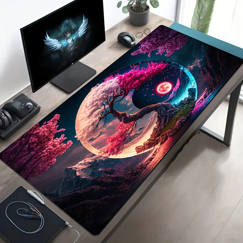 1pc Extra Large Tai Chi Yin Yang Tree Design Mouse Pad & Desk Mat | Non-Slip Wrist Support, Washable Polyester Base