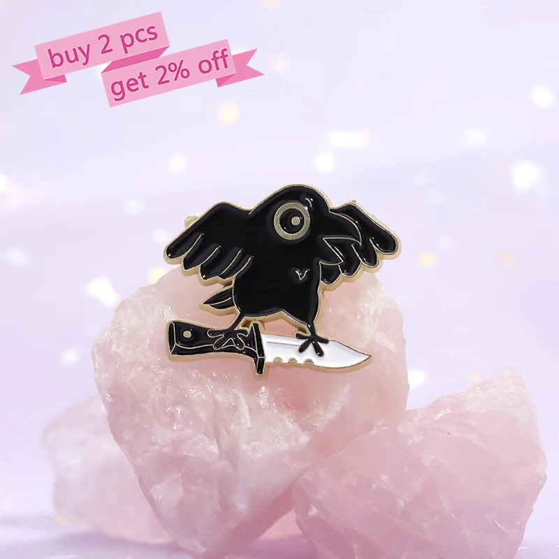 Punk Crow Wizard Enamel Pins Custom Black Gothic Skull Brooches Lapel Badges Animal Jewelry Gift for Kids Friends