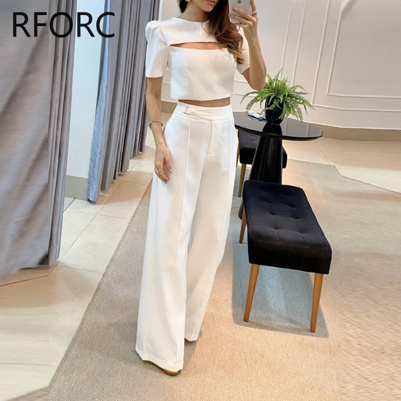 

2024 Women Solid Short Puff Sleeves Hollow Out Top & Straight Leg Pants Two Pieces Formal Working Pants Set