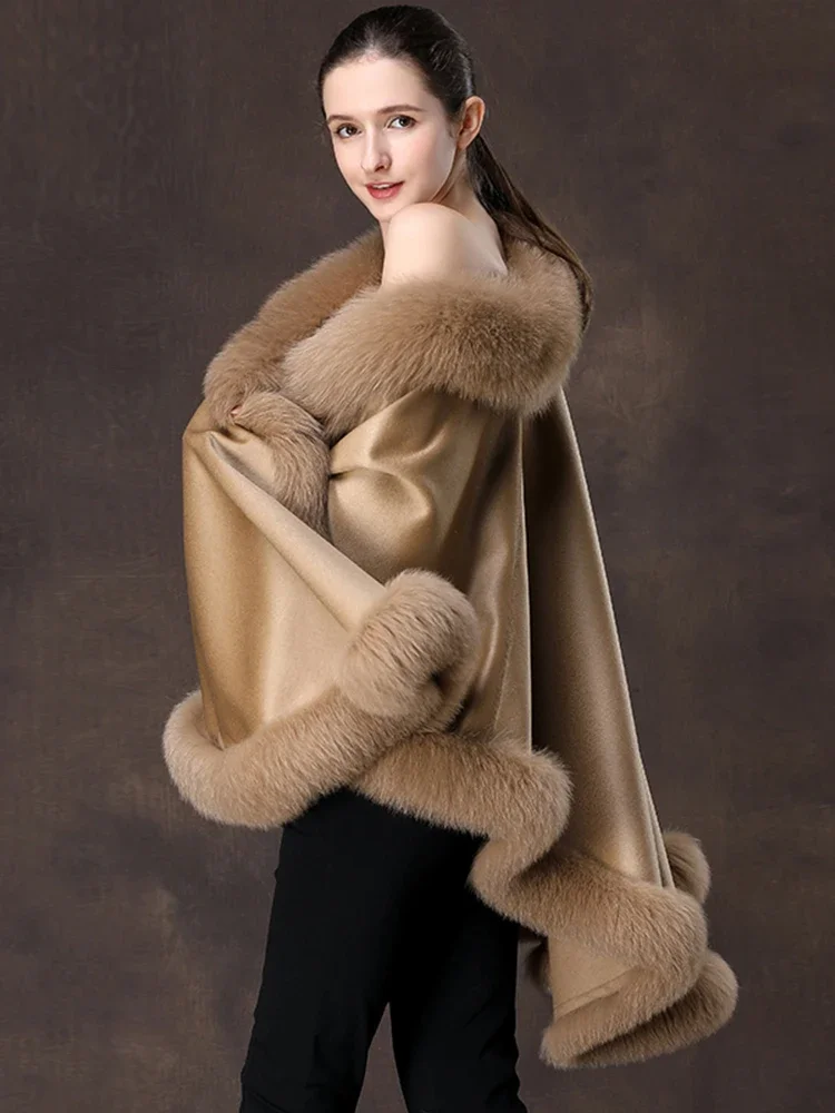 

Fox fur large shawl autumn and winter coat women's wool cloak warm cashmere coat cape