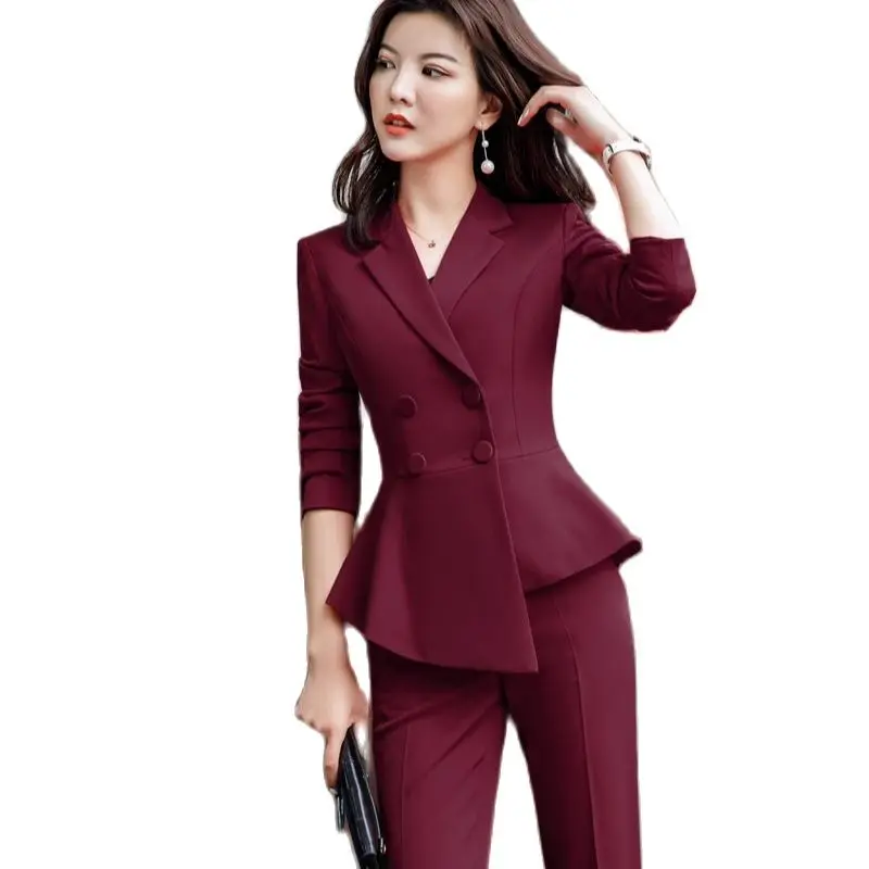 

Elegant Maroon Red Formal Uniform Designs Pantsuits With Jackets and Pants Women Business Suits OL Styles Ladies Blazers