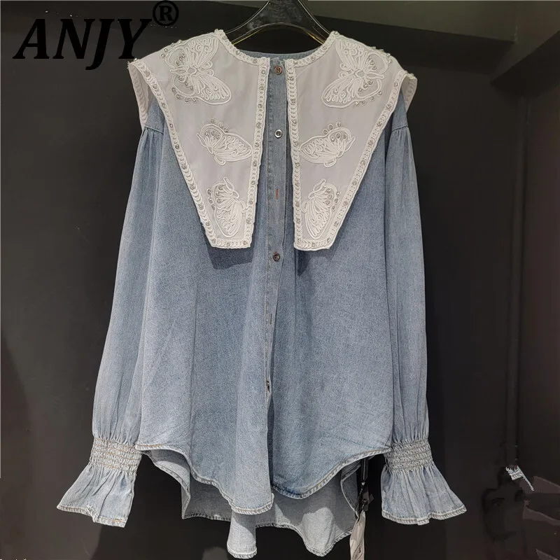

ANJY Autumn New Women Chic Shirt Sailor Collar Embroidery Diamonds Patchwork Denim Flared Sleeve Contrast Color Sweet Tops A9913