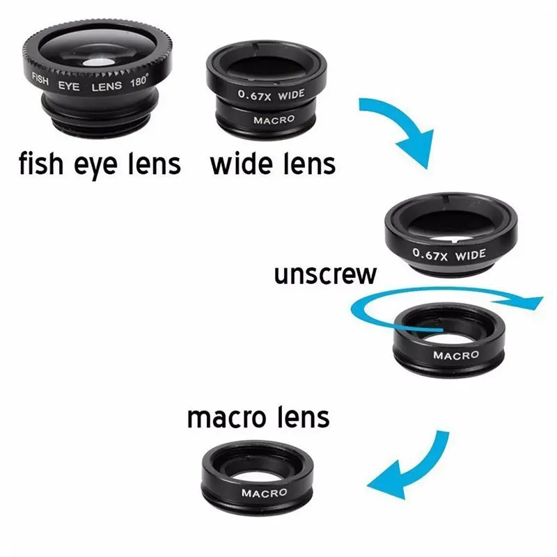 3In1 Mobile Phone Fish Eye+Wide Angle+Macro Camera Lens For Universal Cell Phone