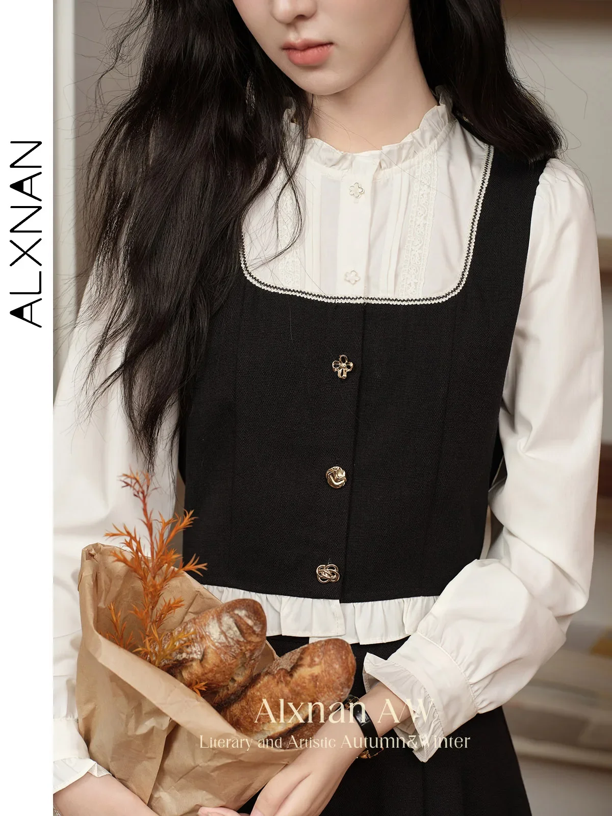 

ALXNAN Women's Spliced Shirts Trendy 2 in 1 Ruffled Collar&hem Irregular Buttons Long Sleeve 2024 Fall Winter Casual Tops L39653