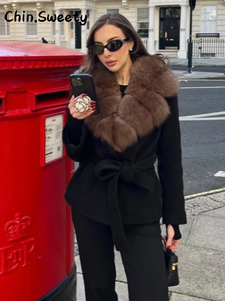 

Elegant Women's Lace Up Woolen Hooded Cardigan Loose Fur Collar Long Furry Sleeve Coat 2025 Autumn Winter Lady Chic Warm Outwear