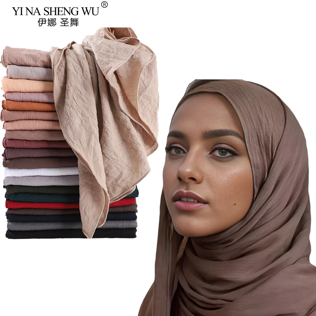 New Arrival Crinkle Rayon Hijab Women Muslim Scarf Shawls Solid Headscarf Wraps Big Size Plain Islamic Turban Foulard Headbands