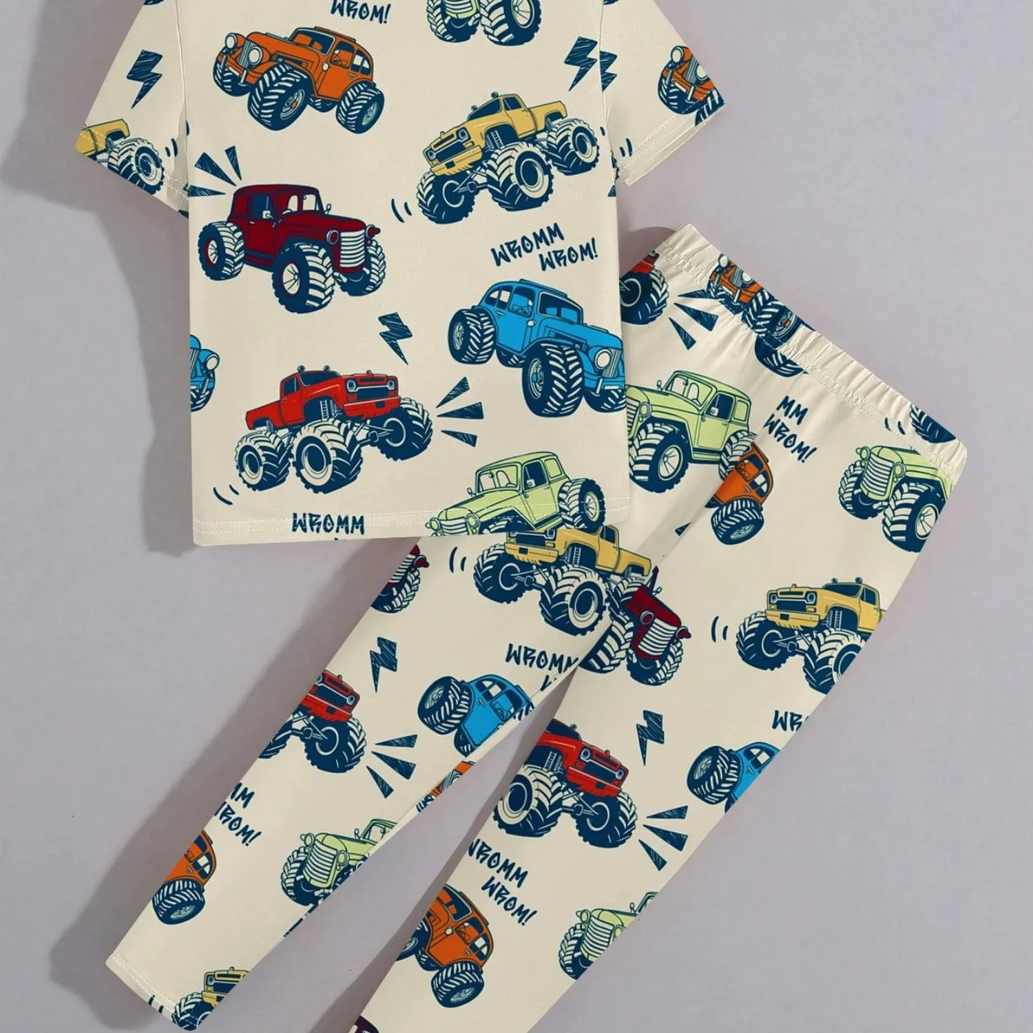 Kids Boys Monster Truck Pajama Set Colorful Cartoon Off Road Car Print Short Sleeve Top Long Pants Sleepwear Outfit