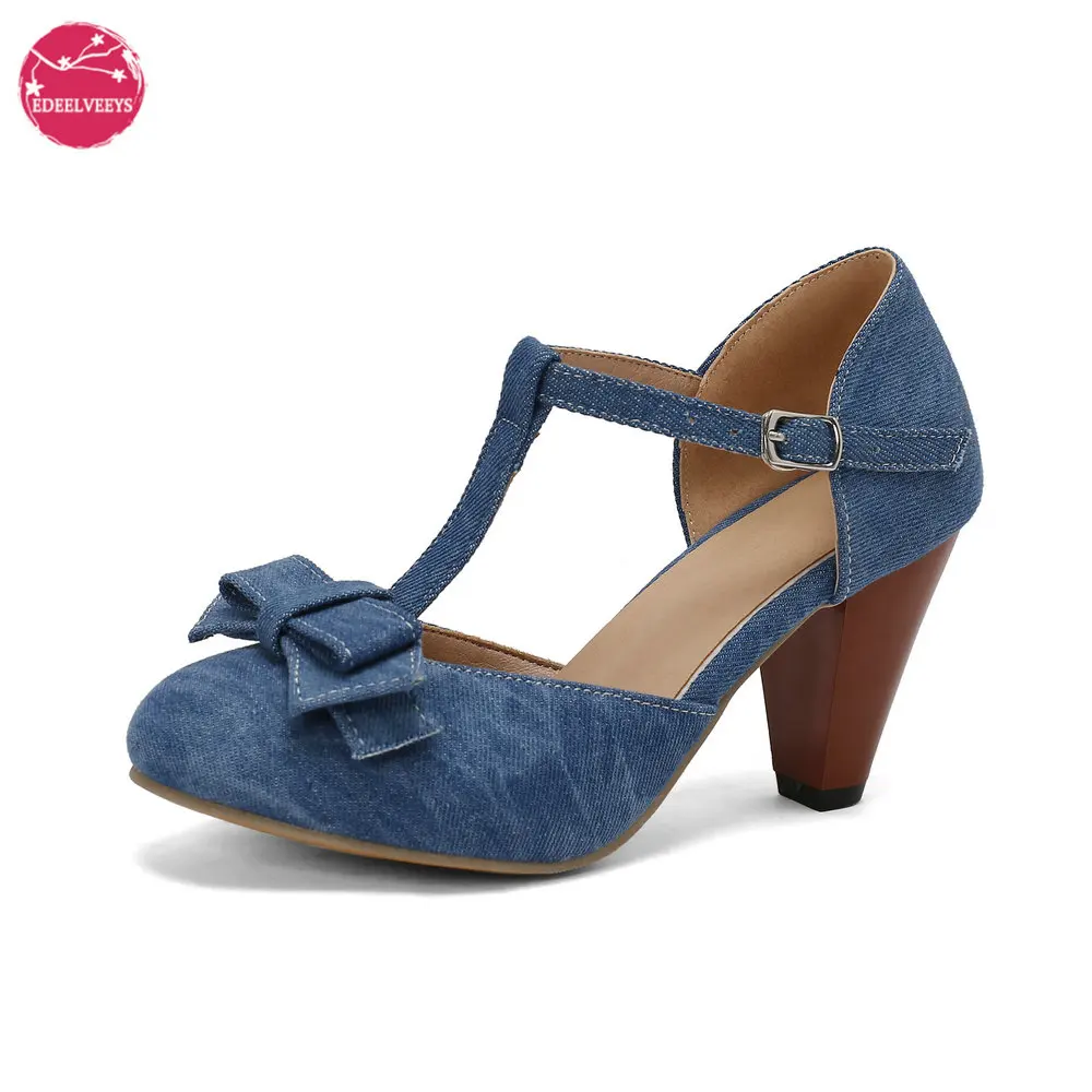 

Denim Mary Jane Sandals for Women Bow T Strap Lolita 7.5cm High Heels Kawaii Shoes Dress Round Toe Pumps Plus Size Dropshipping
