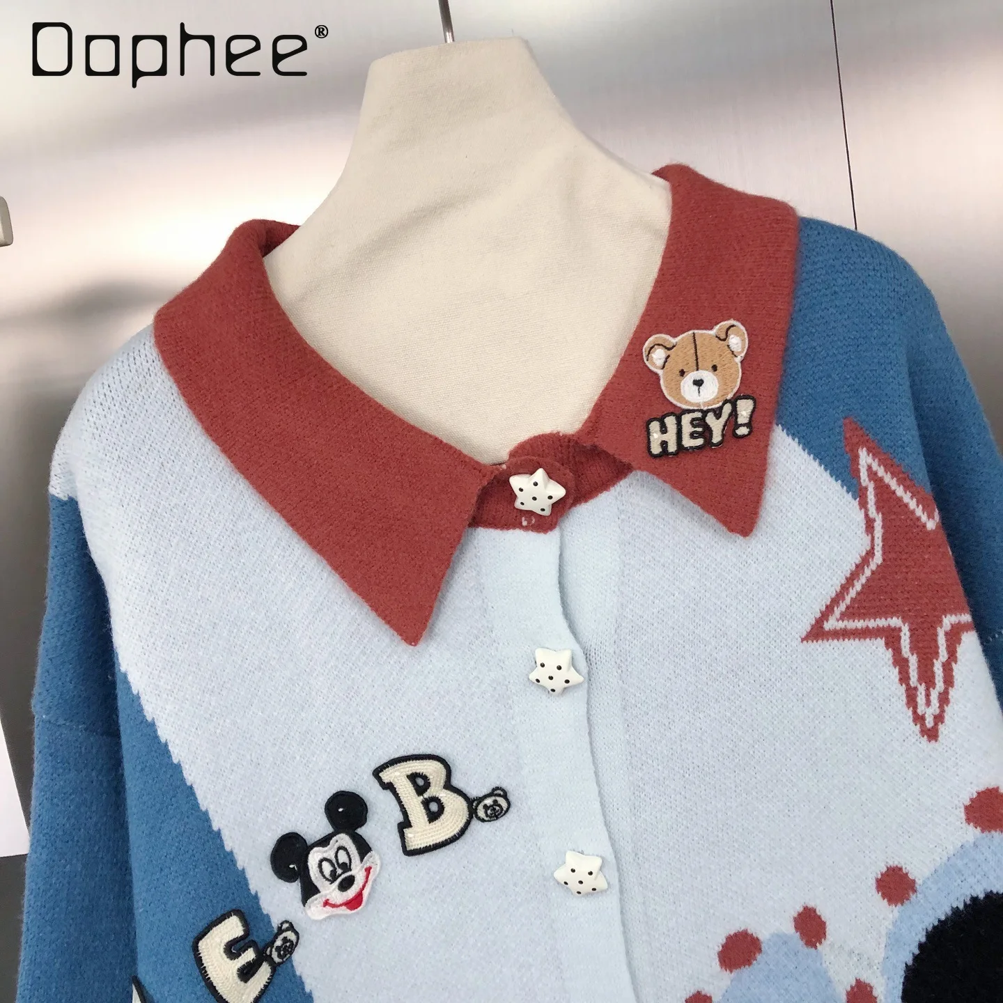 

Retro Color-Block Fashion Patch Embroidery Loose Jacquard Cartoon Sweater Long Sleeve Turn-Down Collar Cardigan for Women