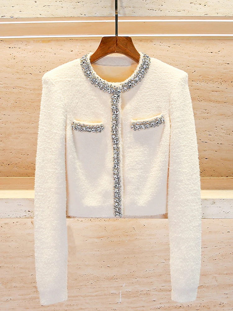 SP Home South Oil High End Women's Spring Small Fragrance Style Short Diamond Embellished Knitted Cardigan Jacket