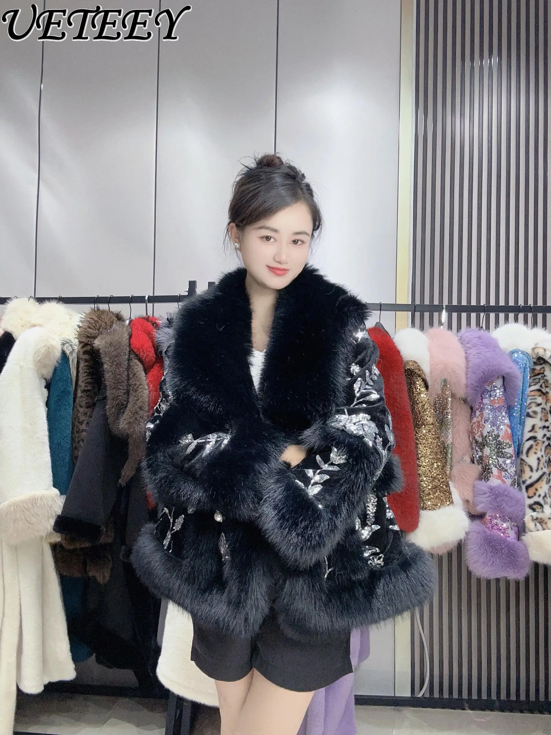 New Imitation Fur Fleece Imitation Fur Coat Winter Fashion Fluff Heavy Industry Sweet Premium Embroidery Sequined Short Jacket