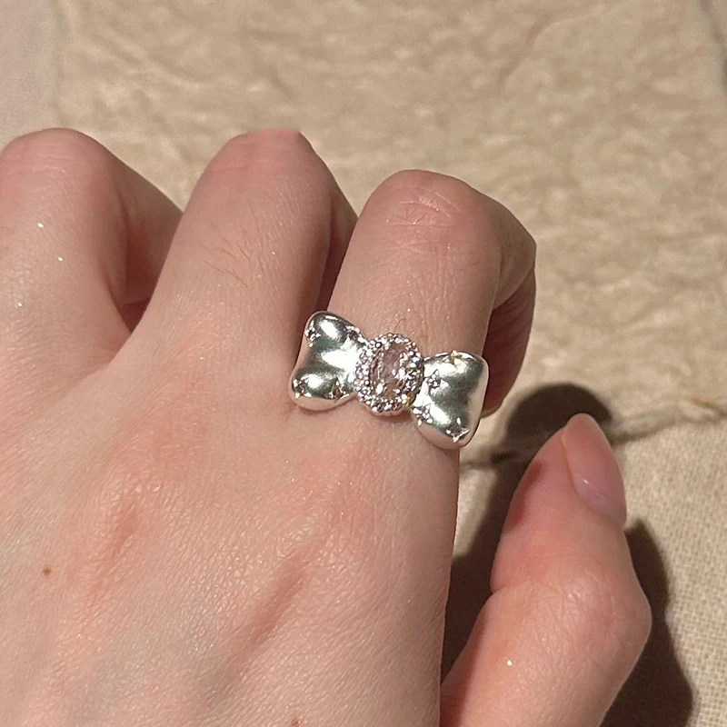 Fashion Y2K Cute Pink Zircon Bowknot Ring Women Egirl Aesthetic Jewelry Trendy Goth Vintage Accessories Gifts Open Ring кольца