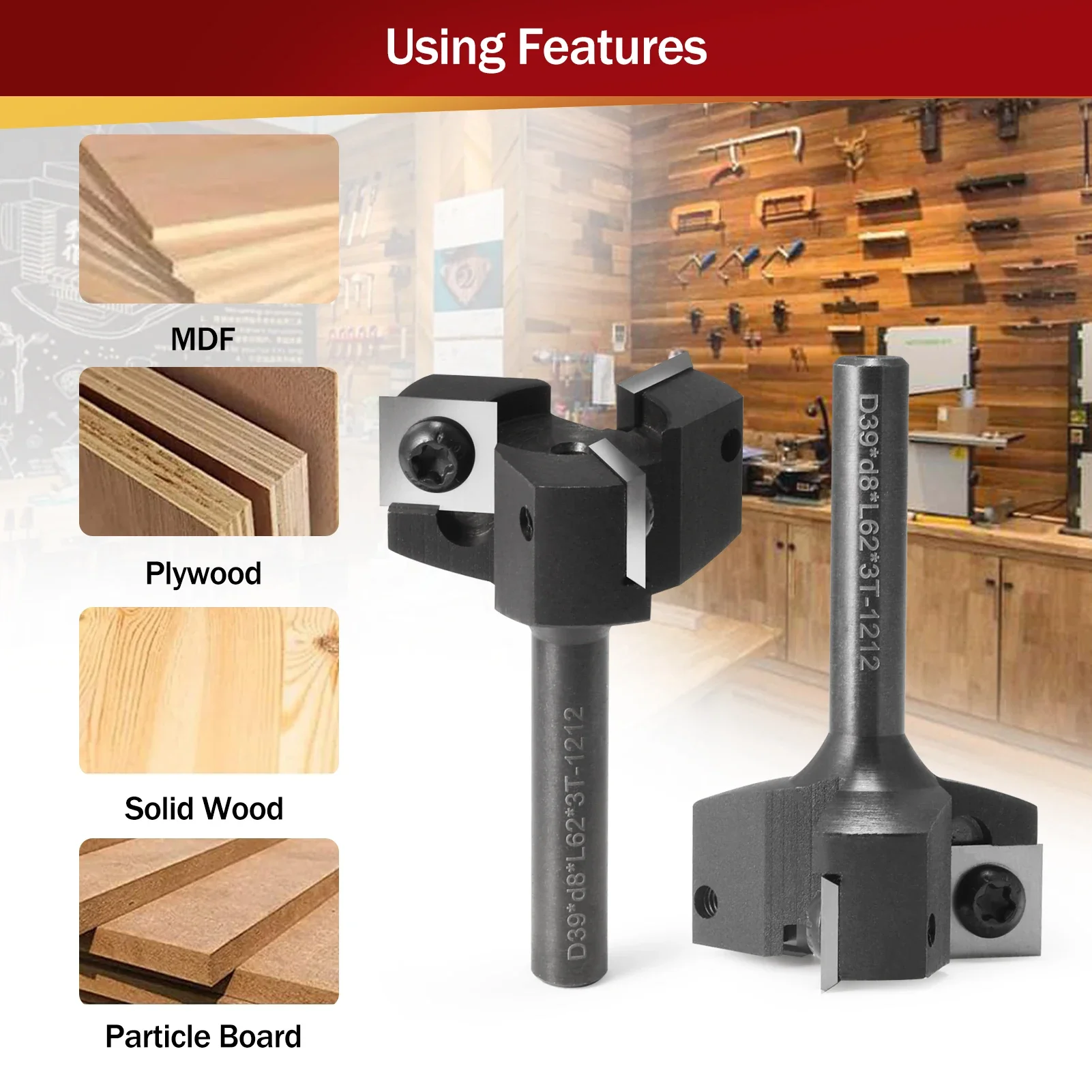 Broca cepilladora de madera de 3 flautas, 33/37/39/50,8/61mm de diámetro de corte de 8mm, 12mm, 1/2 pulgadas, broca enrutadora de superficie Spoilboard, inserto de carburo