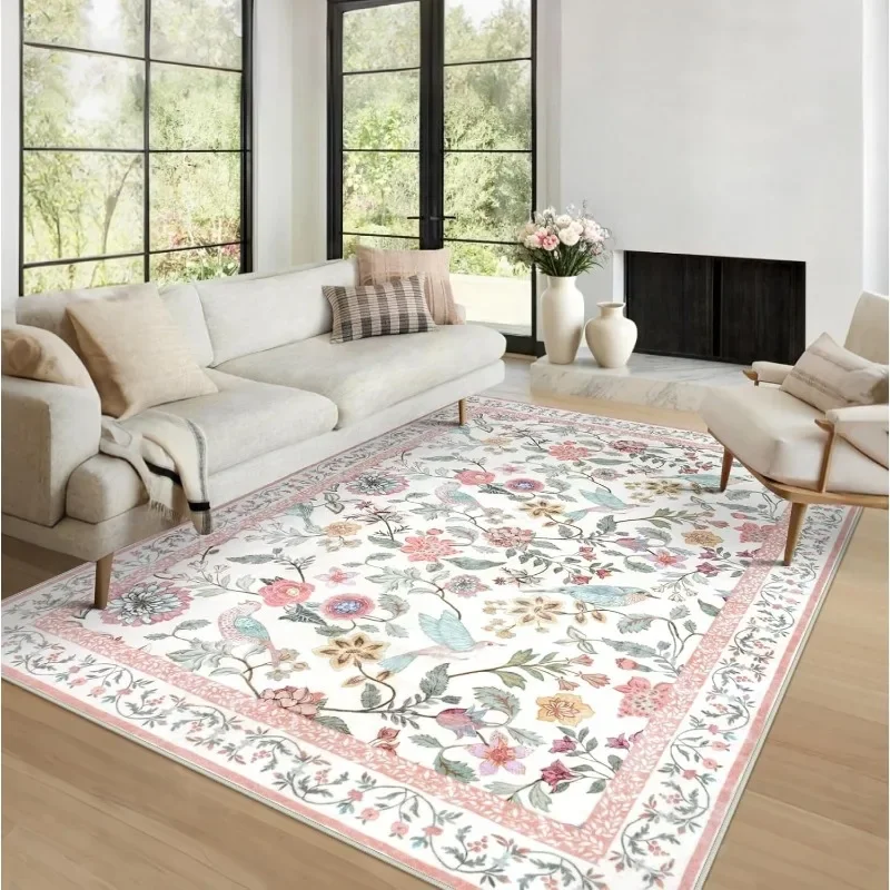 Pastoral Flowers Rugs for Living Room Soft Green Lagre Bedroom Room Carpet Non-Slip Low Pile Flower Birds Coffee Table Floor Mat