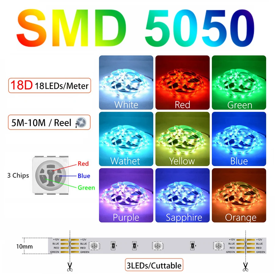 WiFi LED Strip Lamp, RGB Tape, Works with Alexa, Music Neon Ribbon, Flexible Christmas Decor Lights, 5m, 10m, 12V